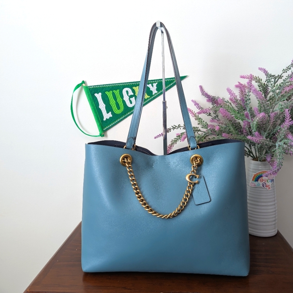 Coach Blue Tote Bag with Gold Chain